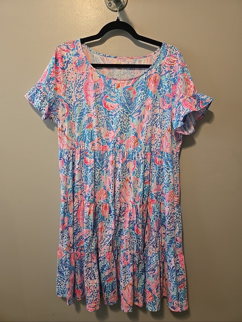 Lilly Pulitzer Vibrant Pink & Blue Floral Short-Sleeve Tiered Dress Size XL